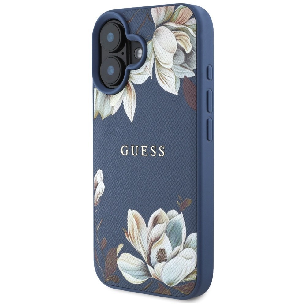 Etui Guess Grained Printed Flower Pattern MagSafe do iPhone 16 niebieski